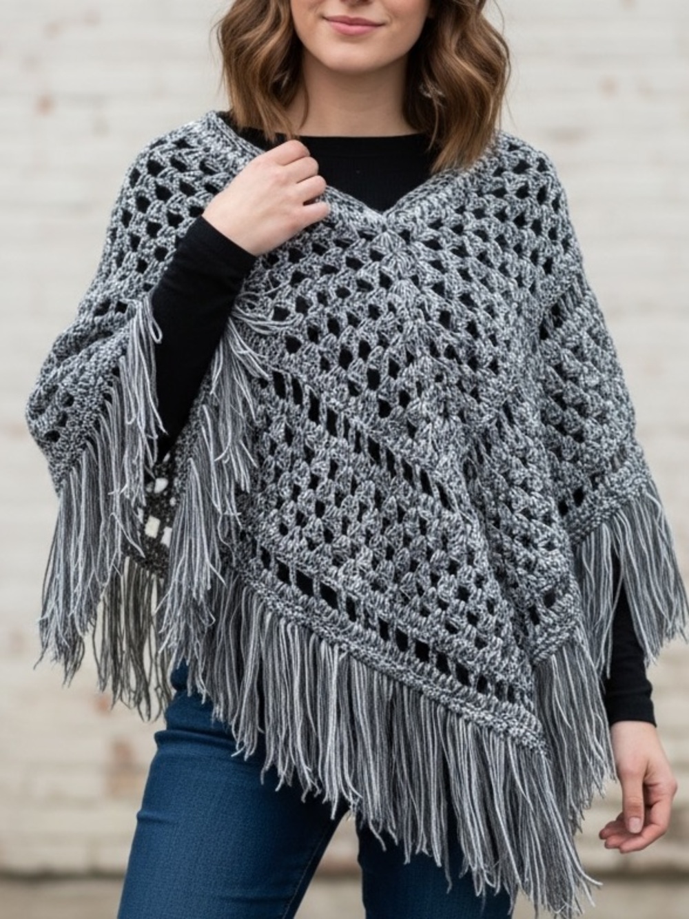 Handmade Gray Crochet Fringe Poncho!